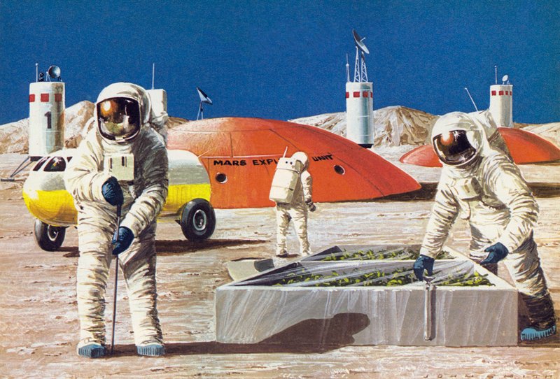 Männer arbeiten auf dem Planeten Mars, wie in den 1970er Jahren vorgestellt von English School
