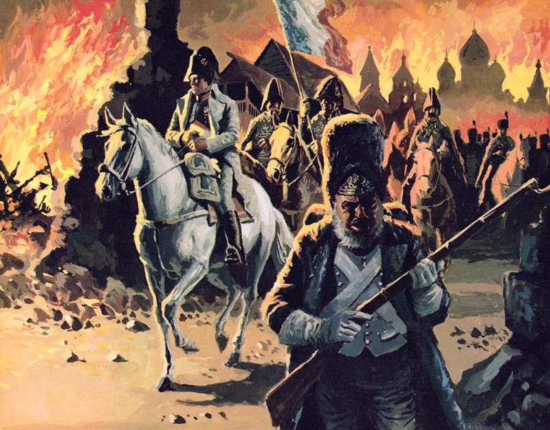 Napoleon reitet durch das brennende Moskau von English School