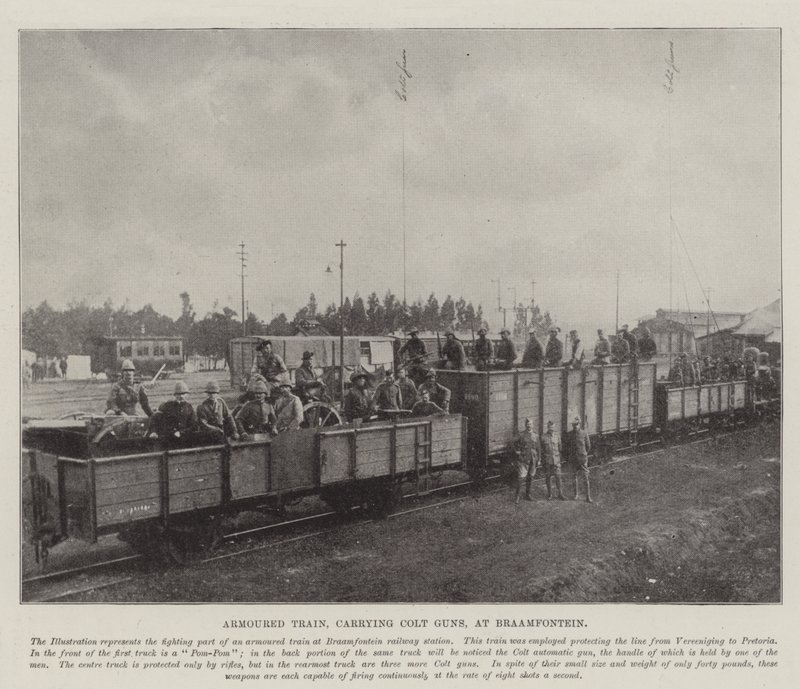 Gepanzerter Zug, der Colt-Waffen transportiert, in Braamfontein von English Photographer