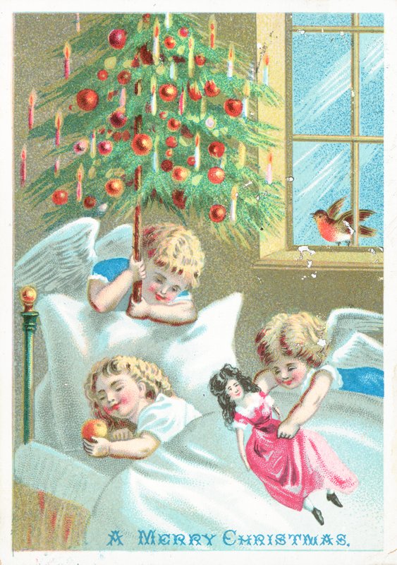 Engel beobachten Kind im Bett, Weihnachtskarte von English School