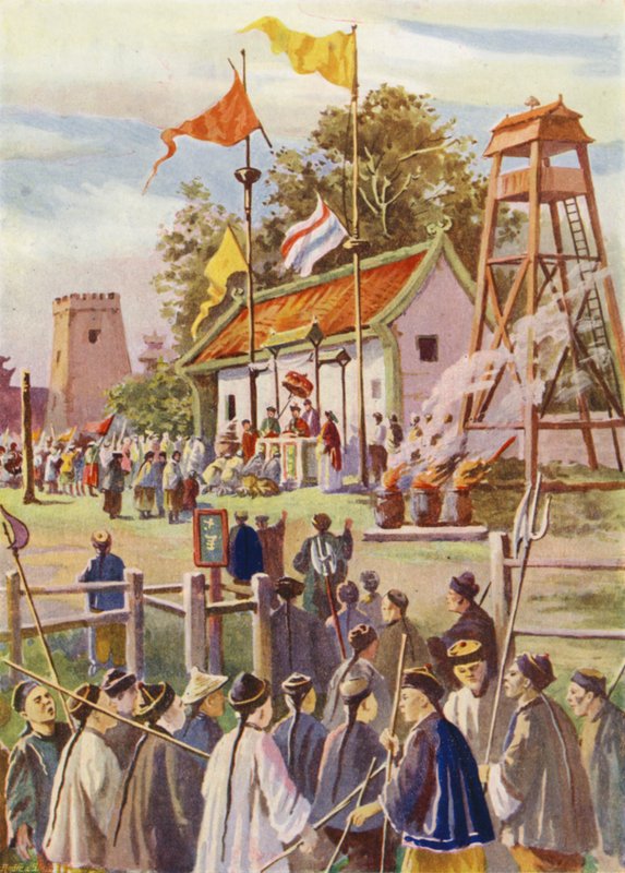Boxer melden sich an einem Militärposten, China von English School