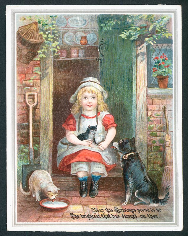 Weihnachtsgrußkarte mit Kind und Haustieren von English School