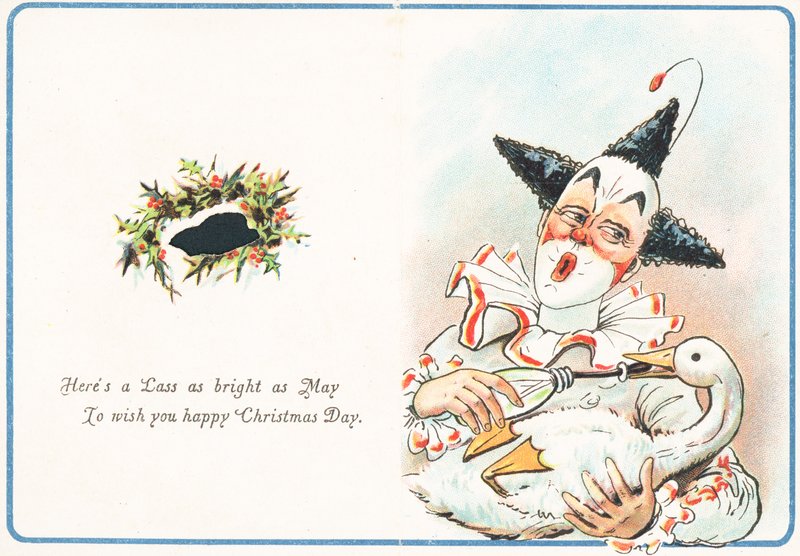 Clown füttert Gans mit der Flasche, Weihnachtskarte von English School