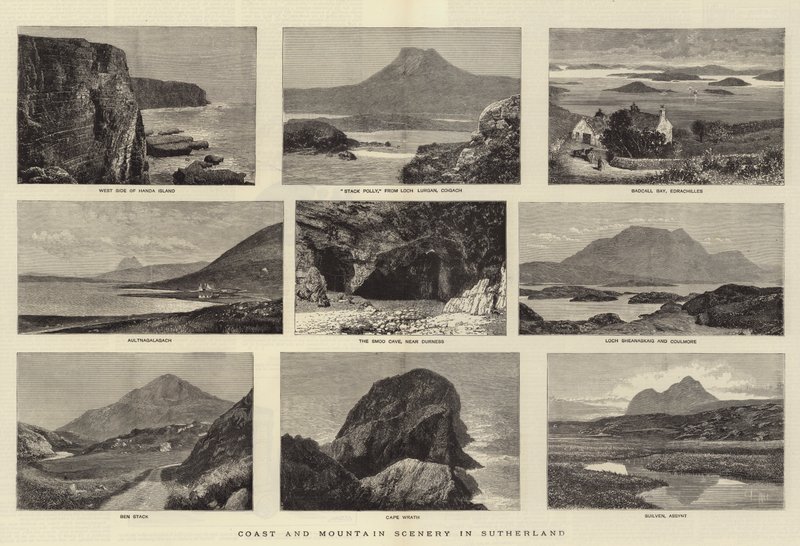 Küsten- und Berglandschaft in Sutherland (Gravur) von English School