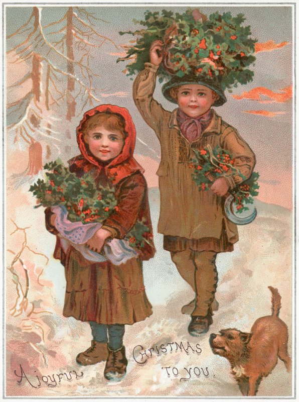 Stechpalme sammeln im Schnee, Weihnachtskarte von English School