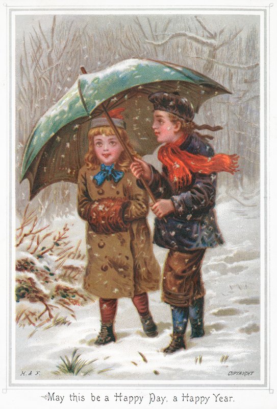 Paar spaziert im Schnee, Weihnachtskarte von English School