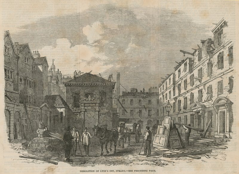Abriss von Lyons Inn, Strand, London von English School