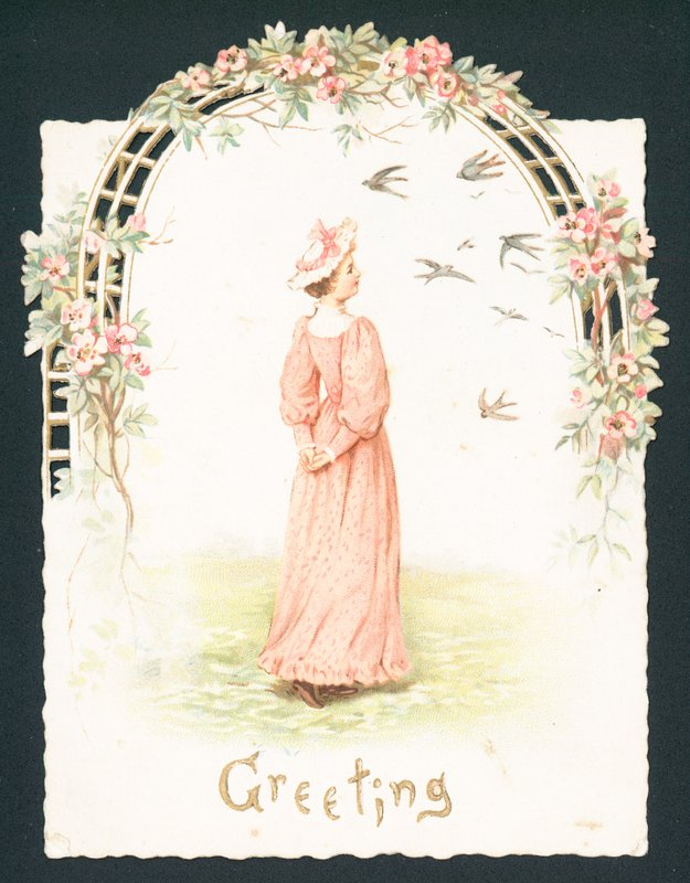 Elegante Dame steht unter Torbogen, Weihnachtskarte von English School
