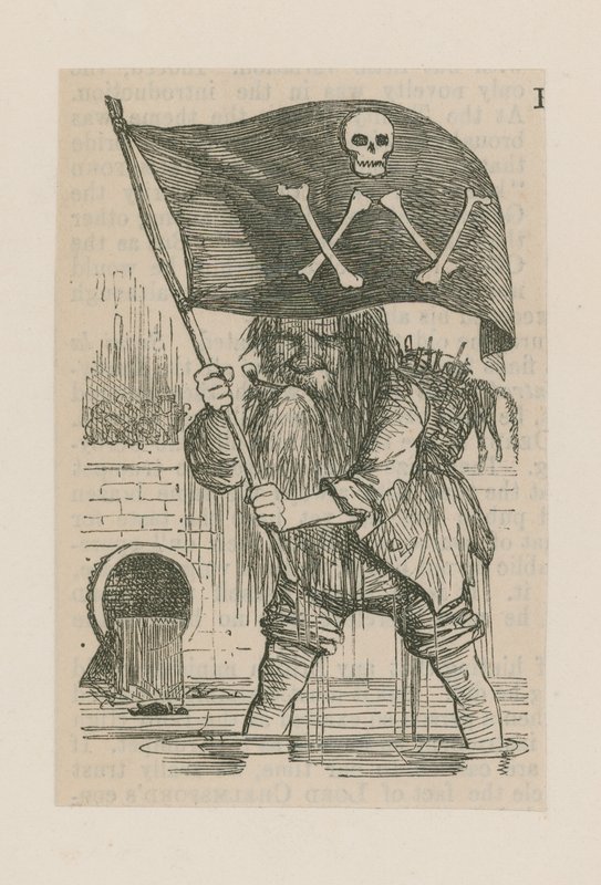 Vater Thames schwenkt einen Totenkopf und gekreuzte Knochen von English School
