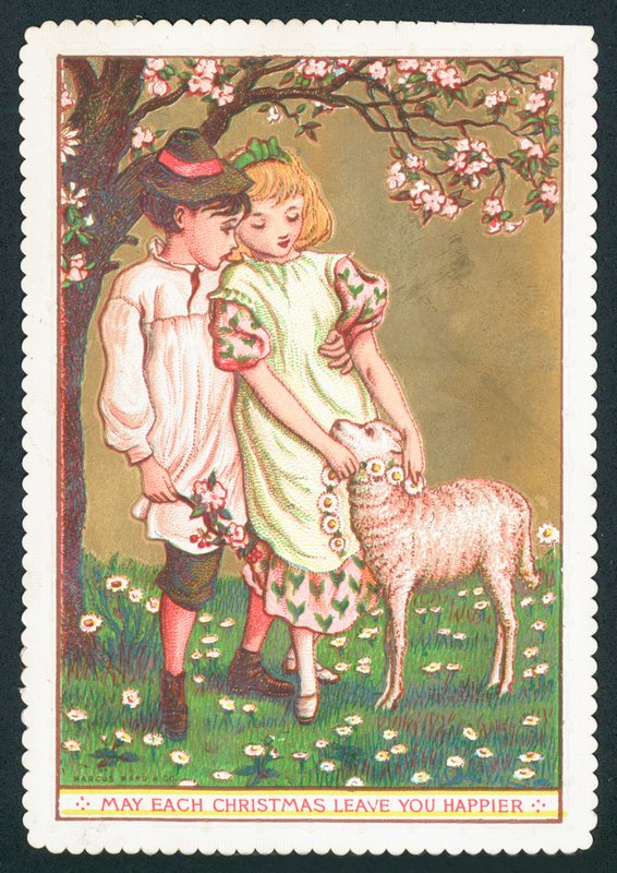 Mädchen und Junge mit Lamm von English School