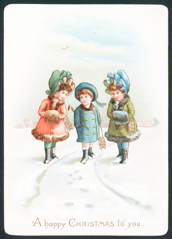 Mädchen gehen im Schnee, Weihnachtskarte von English School