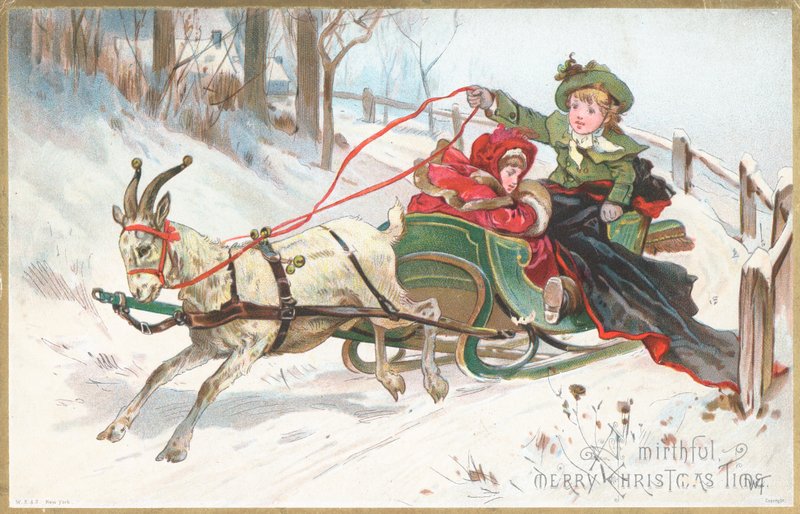 Ziege zieht Schlitten, Weihnachtskarte von English School