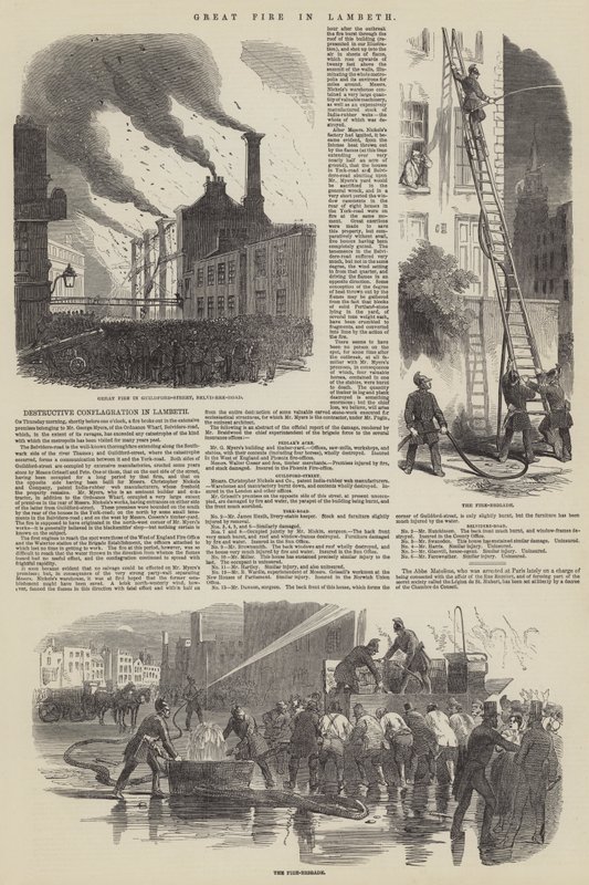 Großes Feuer in Lambeth (Stich) von English School