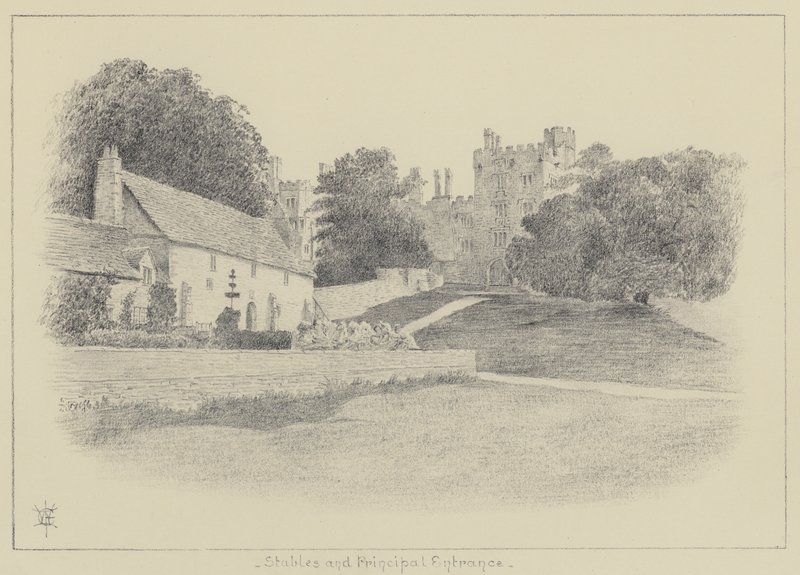 Haddon Hall, Ställe und Haupteingang (Lithografie) von English School