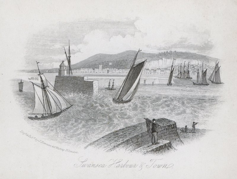 Hafen und Stadt, Swansea, Wales (Gravur) von English School