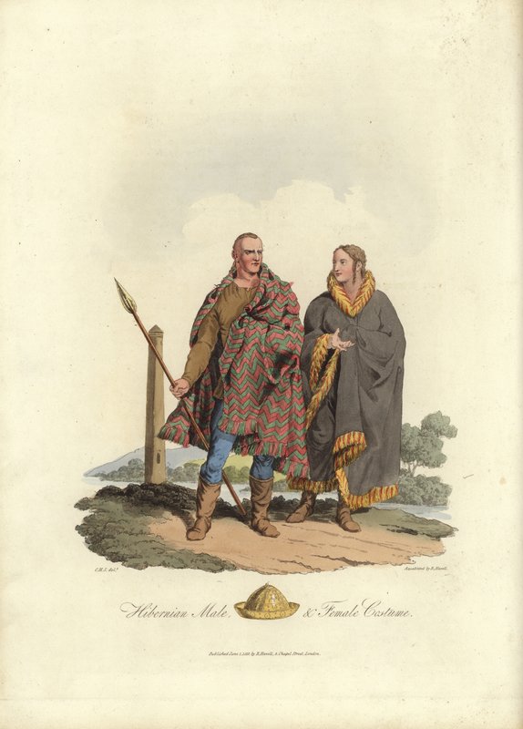 Hibernisches männliches und weibliches Kostüm von English School