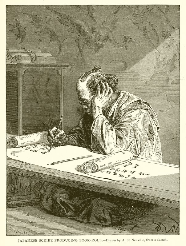 Japanischer Schreiber, der eine Buchrolle erstellt von English School