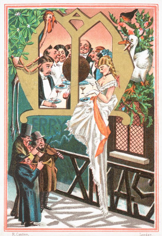 Dame wird von Musikern serenadiert, Weihnachtskarte von English School