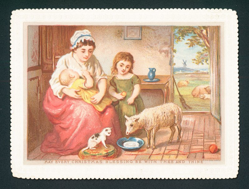 Lamm trinkt Milch in der Küche, Weihnachtskarte von English School