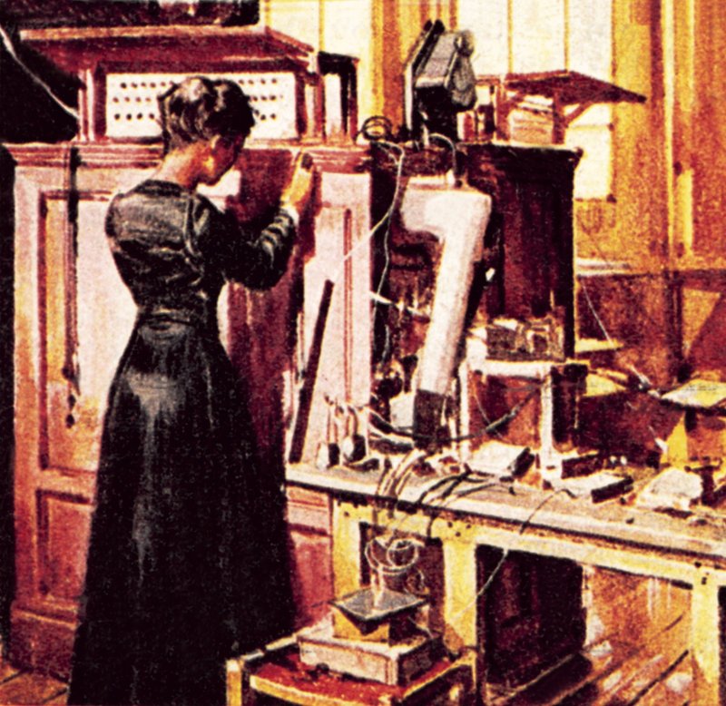 Madame Curie in ihrem Labor von English School