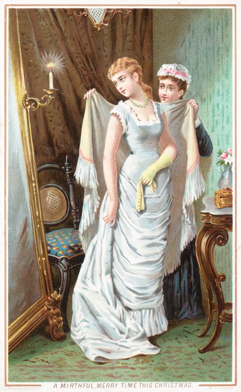 Magd hilft Dame beim Ankleiden, Weihnachtskarte von English School