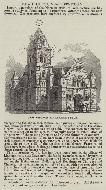 Neue Kirche in Llanymyneck (Gravur) von English School