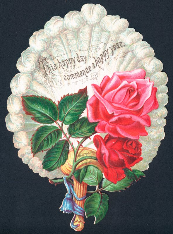 Rote Rosen auf Fächer, Neujahrskarte von English School