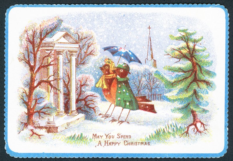 Rotkehlchen in Kleidung, Weihnachtskarte von English School