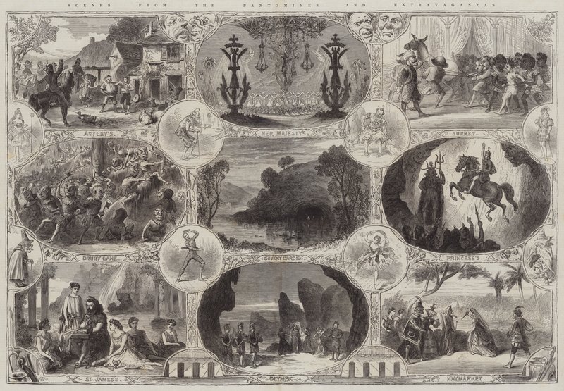 Szenen aus den Pantomimen und Extravaganzas (Gravur) von English School