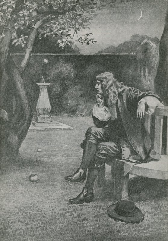 Sir Isaac Newton sieht einen Apfel fallen von English School
