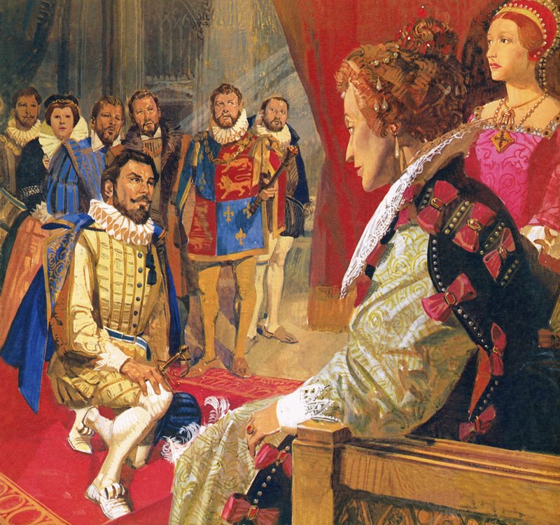 Sir Walter Raleigh vor Königin Elisabeth von English School