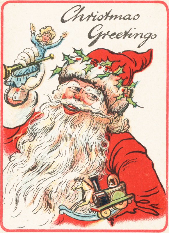 Lächelnder Weihnachtsmann hält Spielzeug, Weihnachtskarte von English School