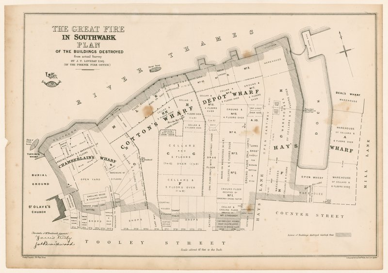 Plan des Großen Feuers in Southwark von English School