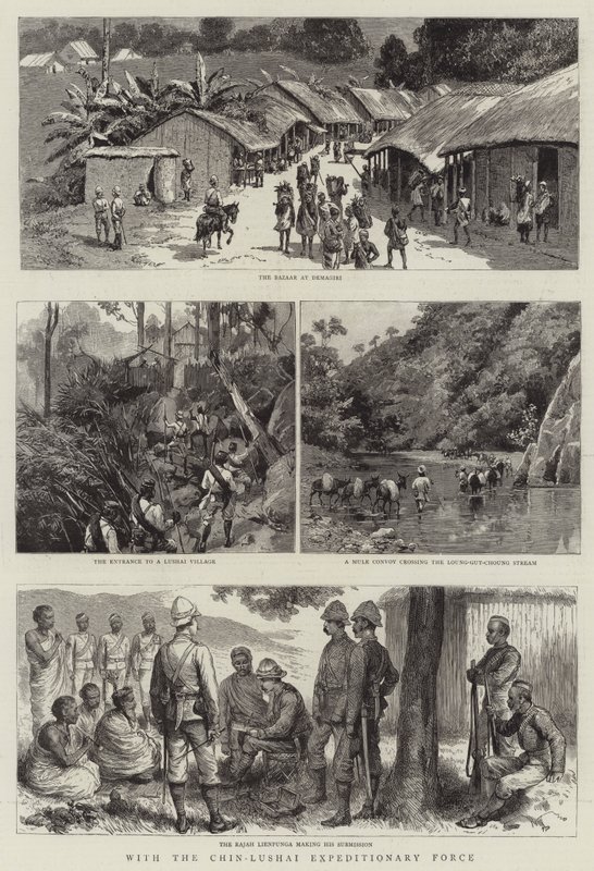 Mit der Chin-Lushai-Expeditionsstreitmacht (Gravur) von English School