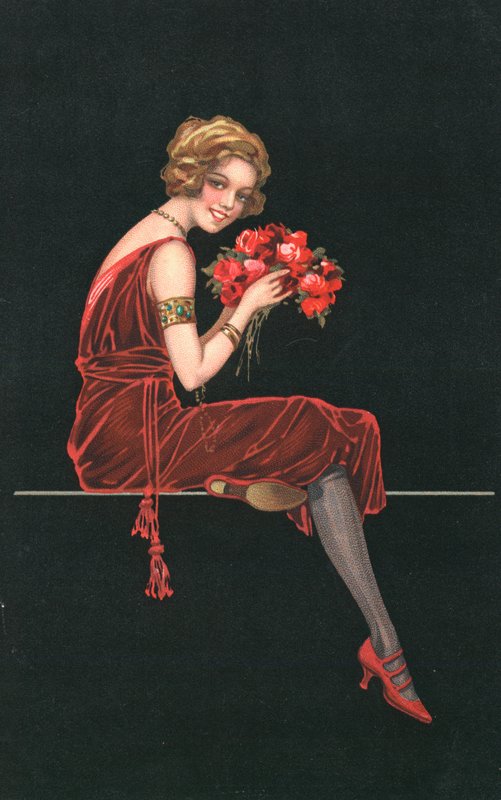 Frau in einem roten Kleid von English School