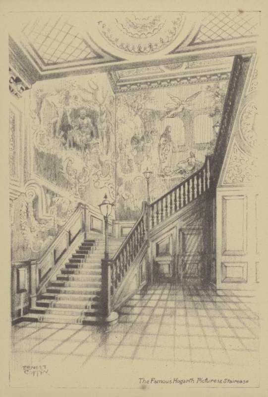 Die berühmten Hogarth-Bilder und Treppe von Ernest Coffin