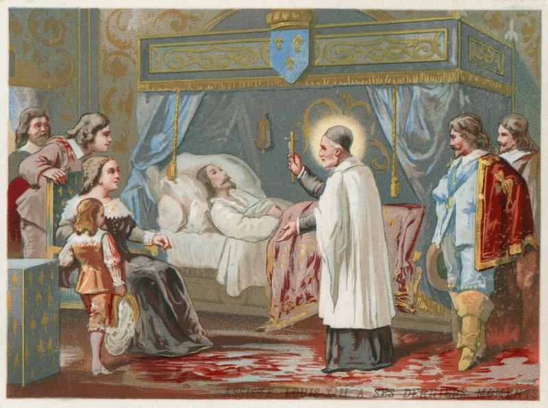 Der heilige Vinzenz von Paul unterstützt König Ludwig XIII. von Frankreich in seinen letzten Momenten, 1643 von European School