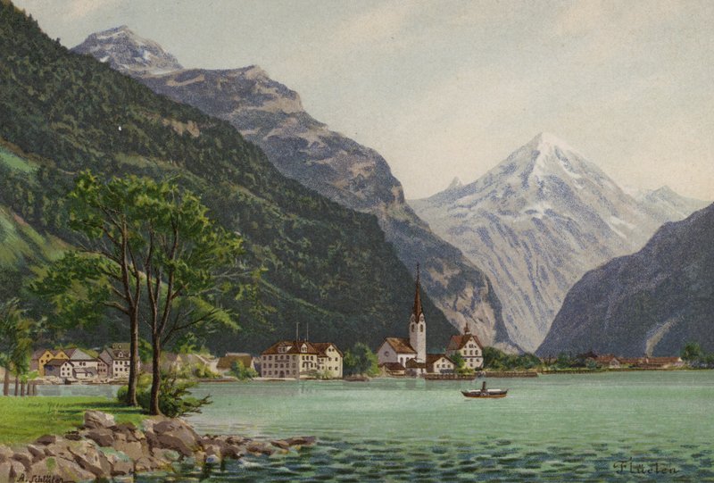 Vierwaldstättersee: Flüelen (Farblithografie) von European School