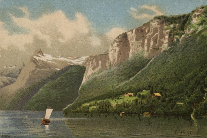 Vierwaldstättersee: Das Rütli (Farblithografie) von European School