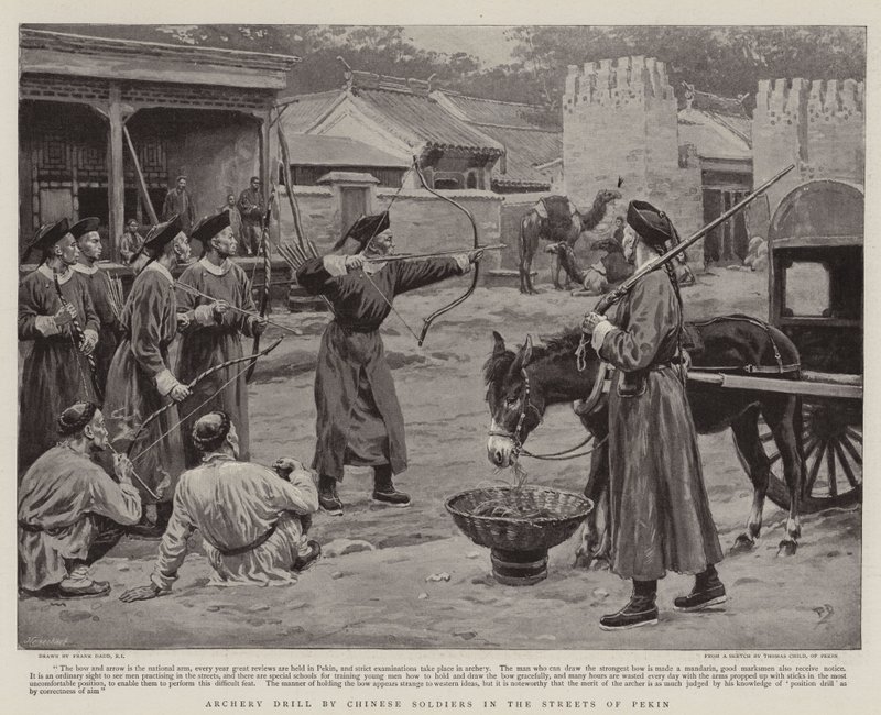 Bogenschießübung chinesischer Soldaten in den Straßen von Peking von Frank Dadd