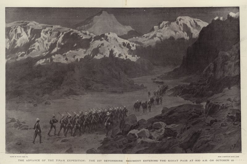 Der Vormarsch der Tirah-Expedition, das 1. Devonshire-Regiment betritt den Kohat-Pass um 3:30 Uhr am 10. Oktober von Frank Dadd