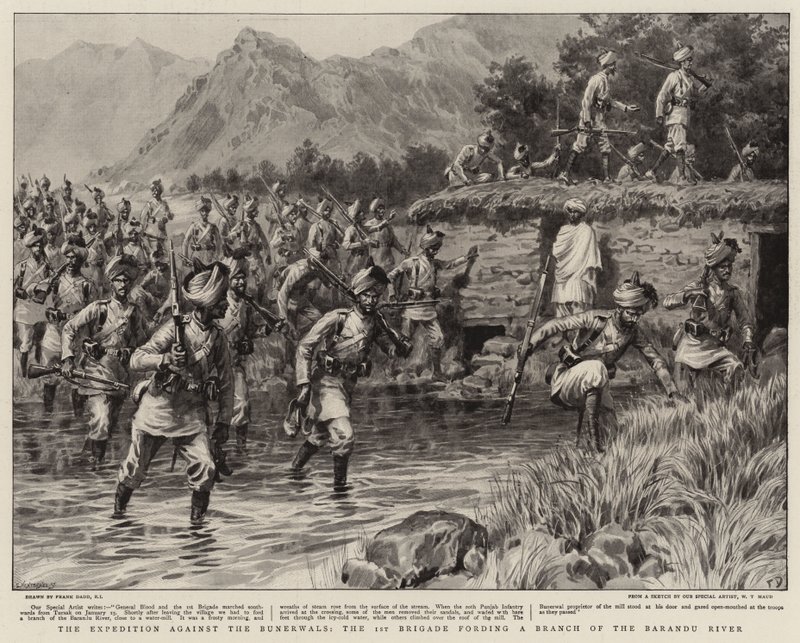 Die Expedition gegen die Bunerwals, die 1. Brigade durchquert einen Arm des Barandu-Flusses von Frank Dadd
