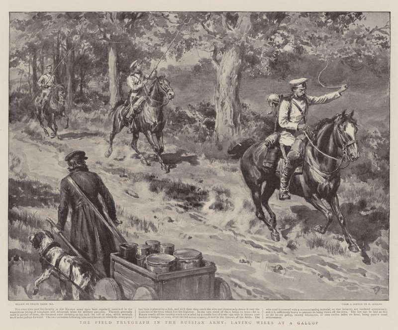 Das Feldtelegraph in der russischen Armee, Verlegen von Drähten im Galopp von Frank Dadd