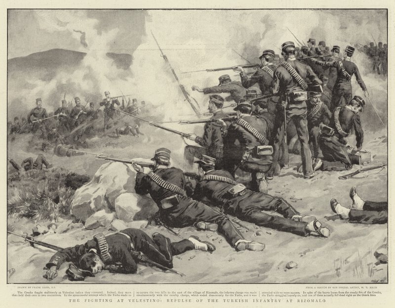 Die Kämpfe bei Velestino, Zurückschlagen der türkischen Infanterie bei Rizomalo von Frank Dadd
