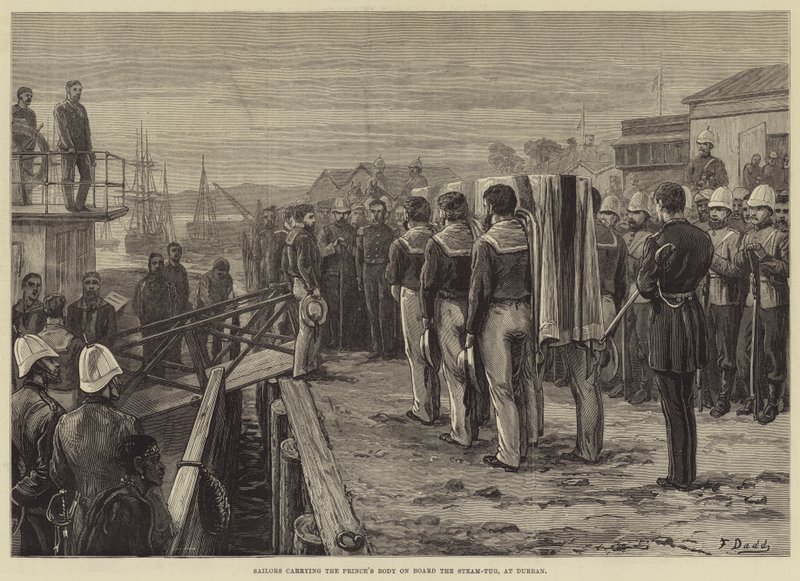 Der verstorbene Prinz Imperial, Matrosen tragen den Leichnam des Prinzen an Bord des Dampfschleppers in Durban von Frank Dadd