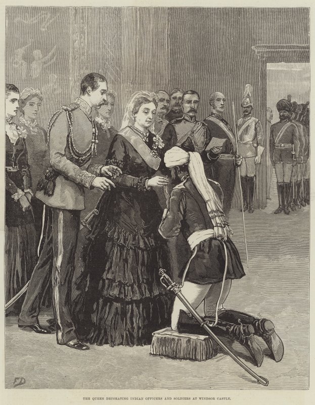 Die Königin dekoriert indische Offiziere und Soldaten im Windsor Castle von Frank Dadd