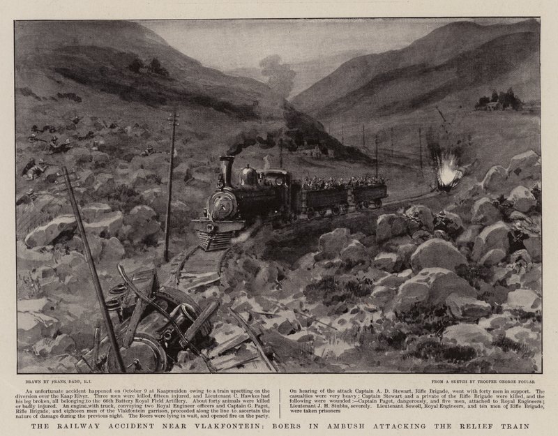 Der Eisenbahnunfall bei Vlakfontein, Buren im Hinterhalt greifen den Entlastungszug an von Frank Dadd