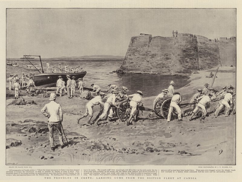 Die Unruhen auf Kreta, Landung von Kanonen von der britischen Flotte in Candia von Frank Dadd