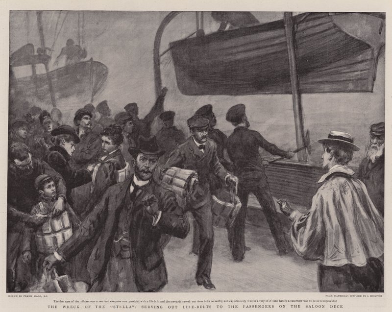 Das Wrack der Stella, Ausgabe von Rettungswesten an die Passagiere auf dem Salondeck von Frank Dadd