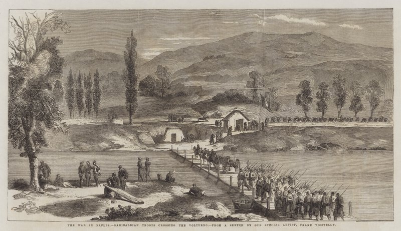 Der Krieg in Neapel, Garibaldische Truppen überqueren den Volturno von Frank Vizetelly